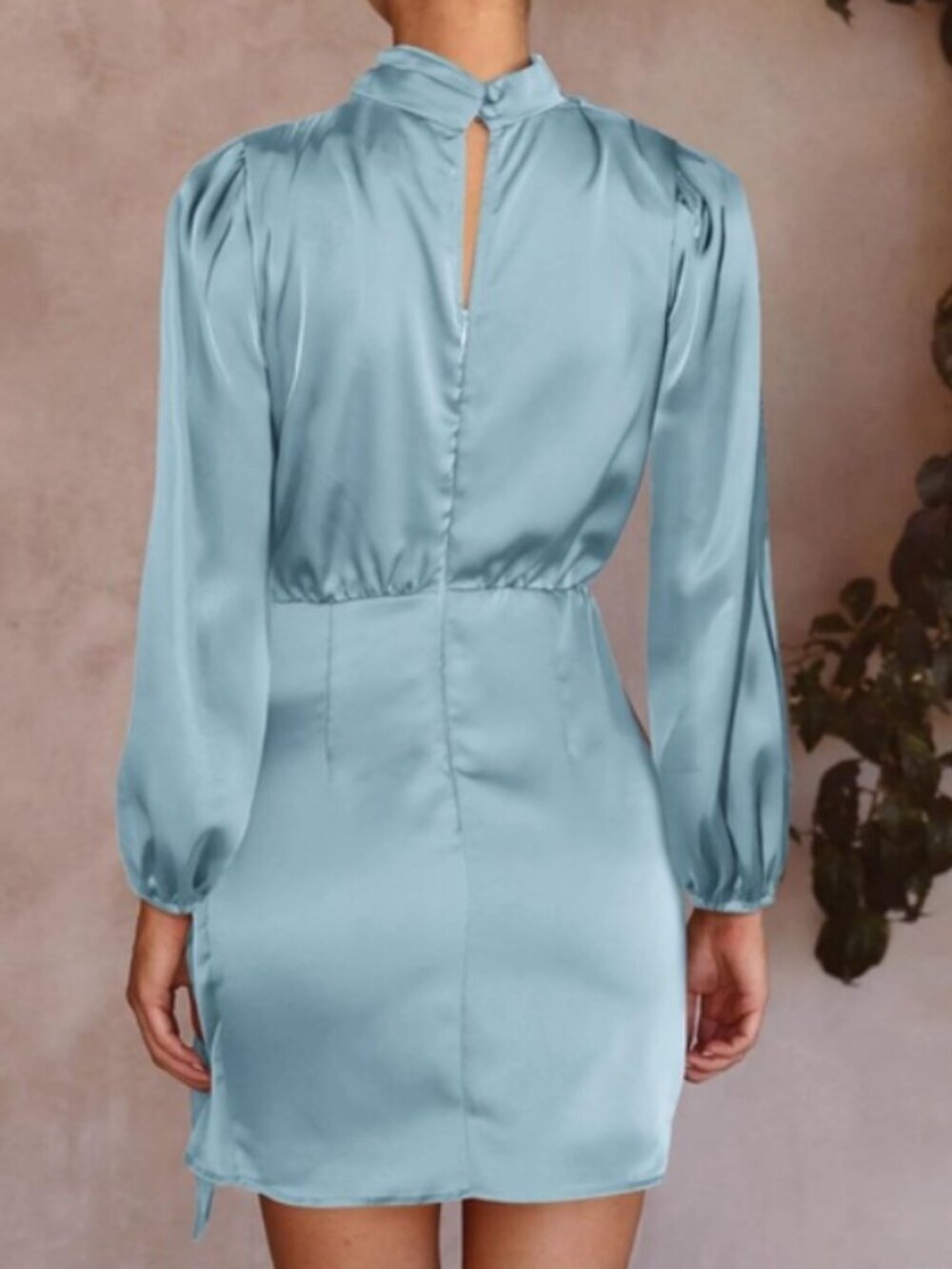 BTFBM Green Faux Wrap Satin Mock Neck Sleeve Dress Size Med NWT - Picture 11 of 11